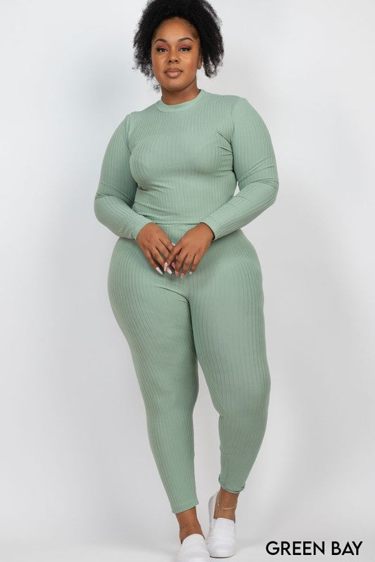 Plus Ribbed Mock Neck Long Sleeve Top&amp;Leggings Set Green Bay 1XL by Capella | Fleurcouture