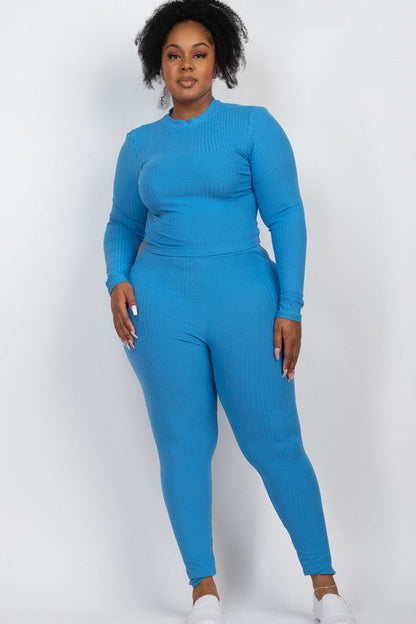 Plus Ribbed Mock Neck Long Sleeve Top&amp;Leggings Set IBIZA BLUE 1XL by Capella | Fleurcouture