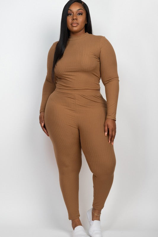 Plus Ribbed Mock Neck Long Sleeve Top&amp;Leggings Set Mocha 1XL by Capella | Fleurcouture