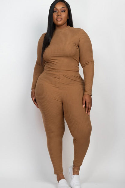 Plus Ribbed Mock Neck Long Sleeve Top&amp;Leggings Set Mocha 1XL by Capella | Fleurcouture