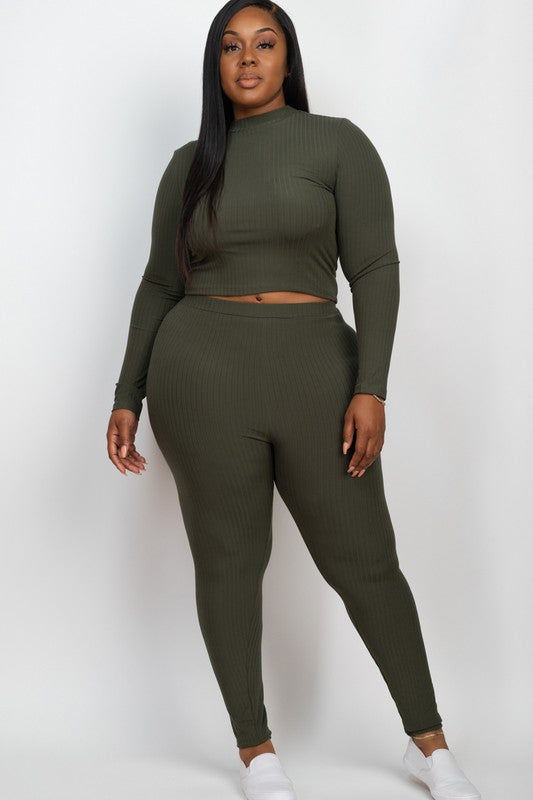 Plus Ribbed Mock Neck Long Sleeve Top&amp;Leggings Set Olive 1XL by Capella | Fleurcouture