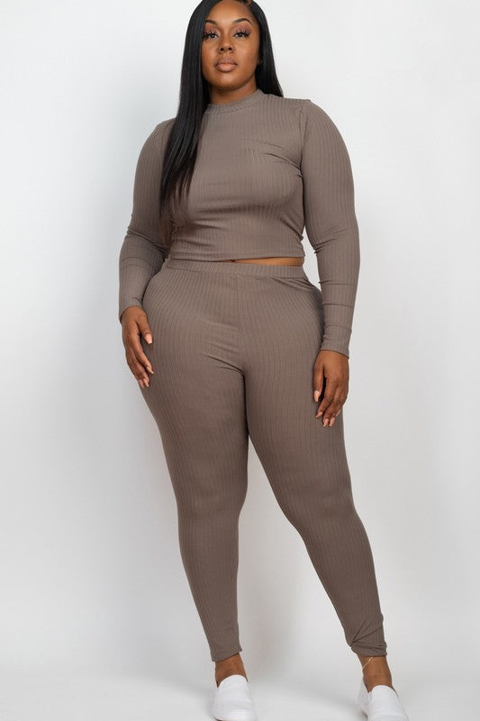 Plus Ribbed Mock Neck Long Sleeve Top&amp;Leggings Set Taupe 1XL by Capella | Fleurcouture