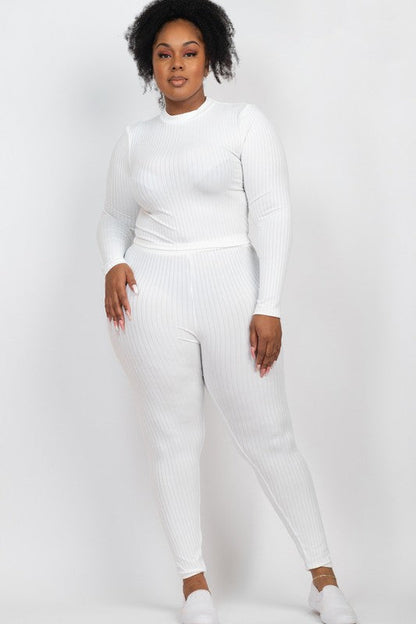 Plus Ribbed Mock Neck Long Sleeve Top&amp;Leggings Set White 1XL by Capella | Fleurcouture