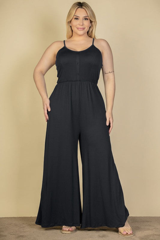 Plus Size Button Front Wide Leg Jumpsuit Black 1XL by Capella | Fleurcouture