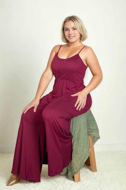 Plus Size Button Front Wide Leg Jumpsuit Burgundy 1XL by Capella | Fleurcouture