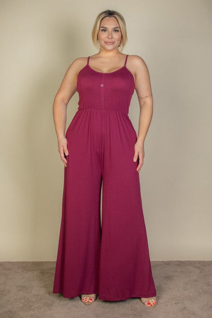 Plus Size Button Front Wide Leg Jumpsuit by Capella | Fleurcouture