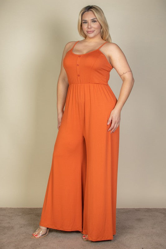 Plus Size Button Front Wide Leg Jumpsuit by Capella | Fleurcouture