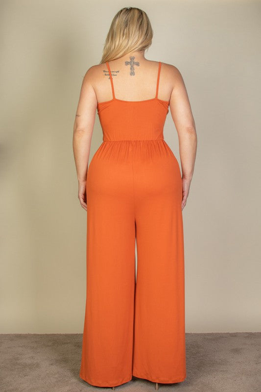 Plus Size Button Front Wide Leg Jumpsuit by Capella | Fleurcouture