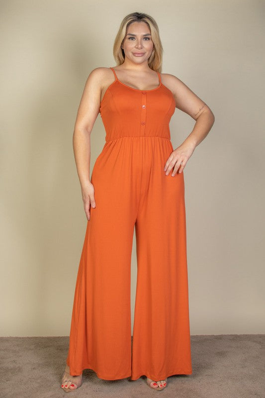 Plus Size Button Front Wide Leg Jumpsuit by Capella | Fleurcouture