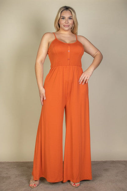 Plus Size Button Front Wide Leg Jumpsuit by Capella | Fleurcouture