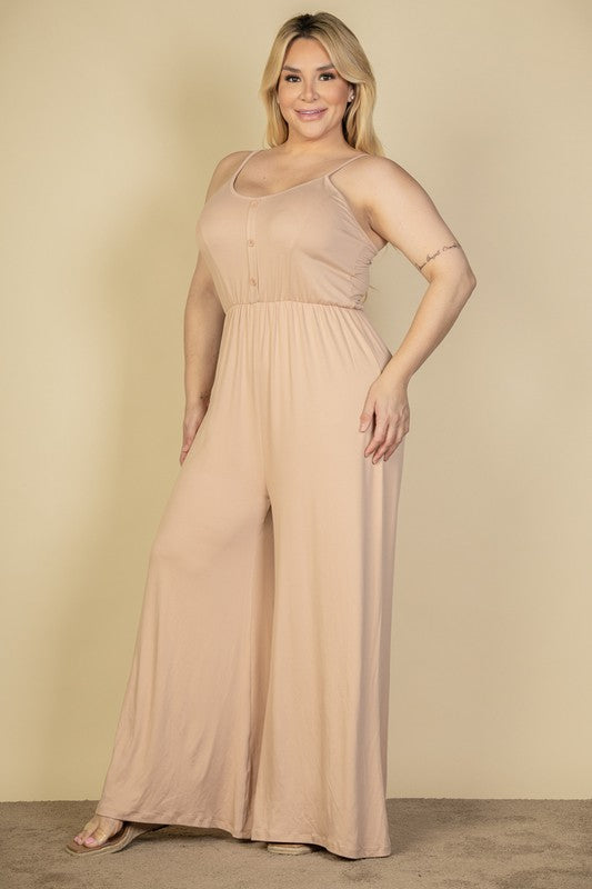 Plus Size Button Front Wide Leg Jumpsuit by Capella | Fleurcouture