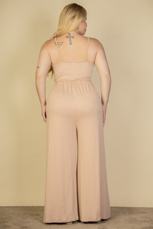 Plus Size Button Front Wide Leg Jumpsuit by Capella | Fleurcouture