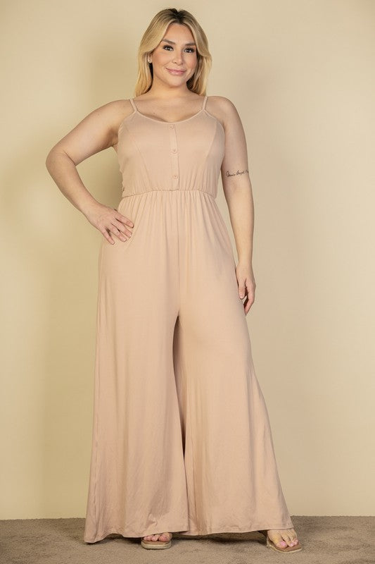 Plus Size Button Front Wide Leg Jumpsuit Khaki 1XL by Capella | Fleurcouture