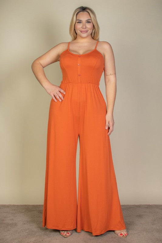 Plus Size Button Front Wide Leg Jumpsuit MANGO 1XL by Capella | Fleurcouture