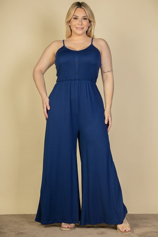 Plus Size Button Front Wide Leg Jumpsuit Navy 1XL by Capella | Fleurcouture