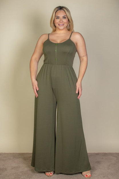 Plus Size Button Front Wide Leg Jumpsuit Olive 1XL by Capella | Fleurcouture