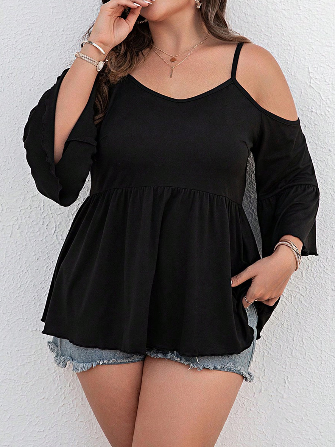 Plus Size Cold Shoulder Flounce Sleeve Blouse Black 1XL by Trendsi | Fleurcouture