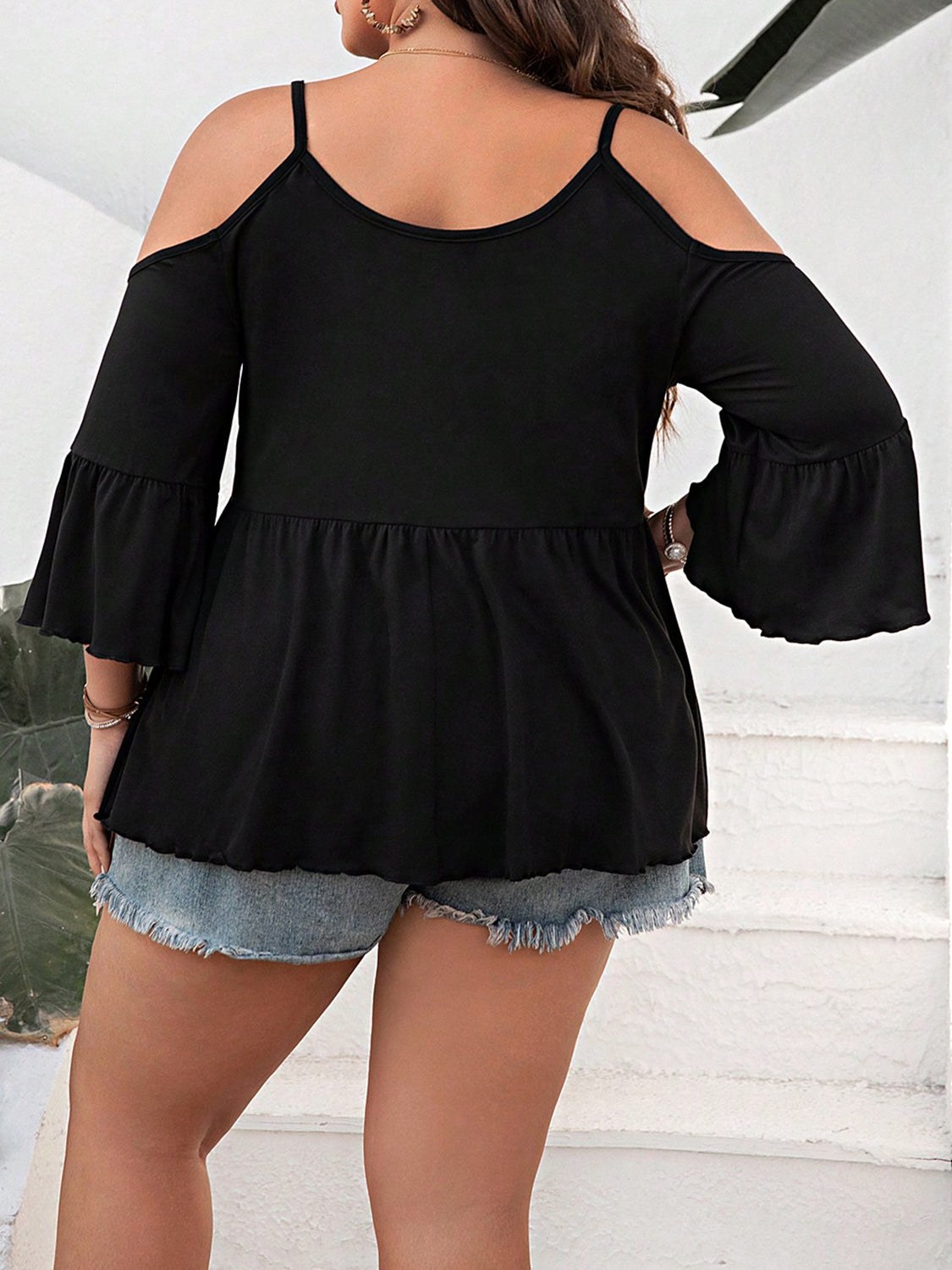 Plus Size Cold Shoulder Flounce Sleeve Blouse Black by Trendsi | Fleurcouture