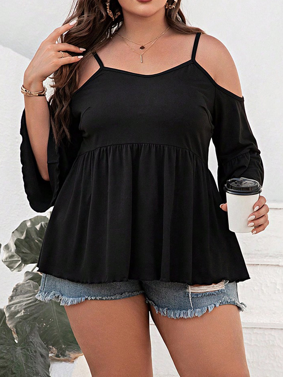 Plus Size Cold Shoulder Flounce Sleeve Blouse Black by Trendsi | Fleurcouture