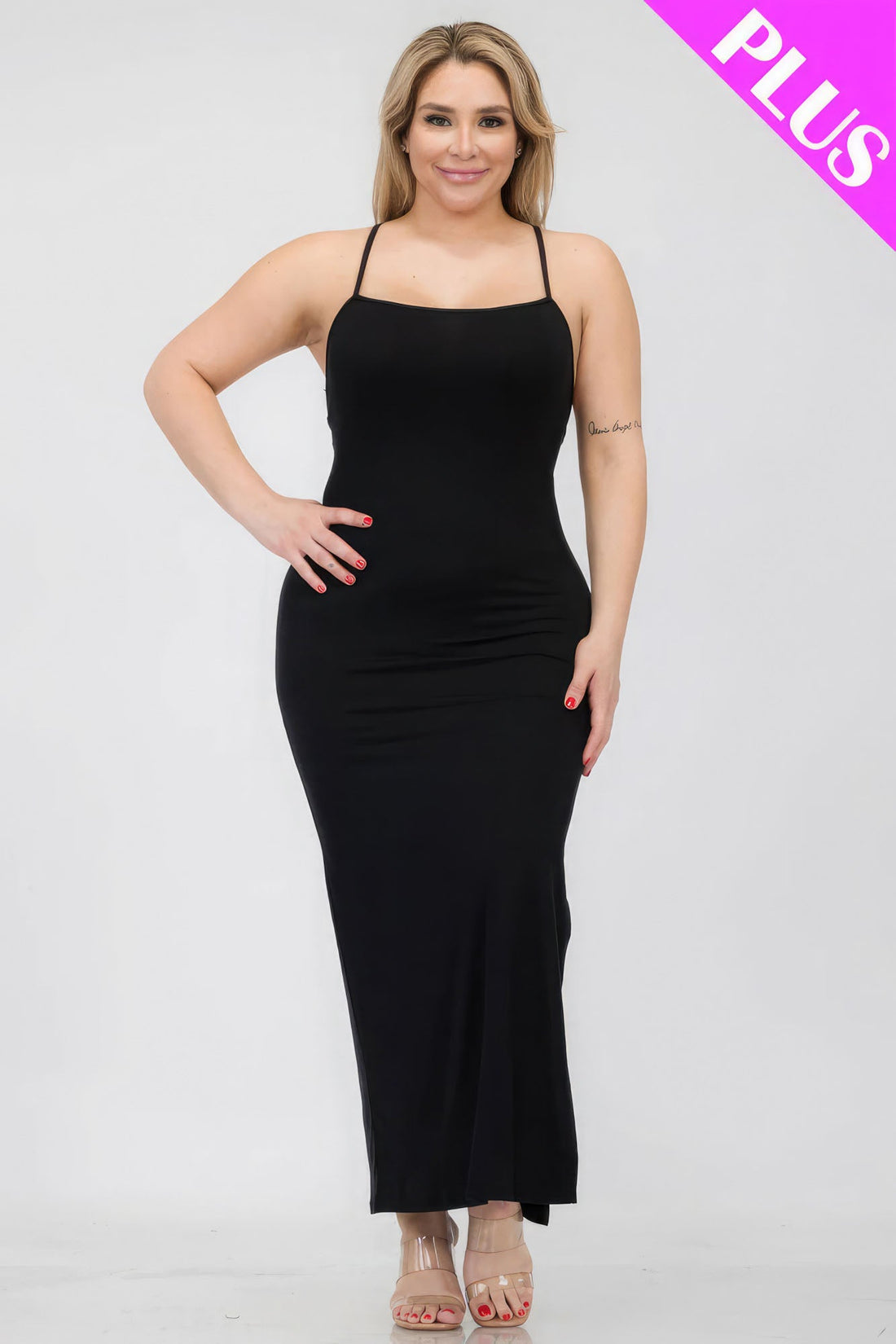 Plus Size Crisscross Back Split Thigh Maxi Dress by Fleurcouture | Fleurcouture