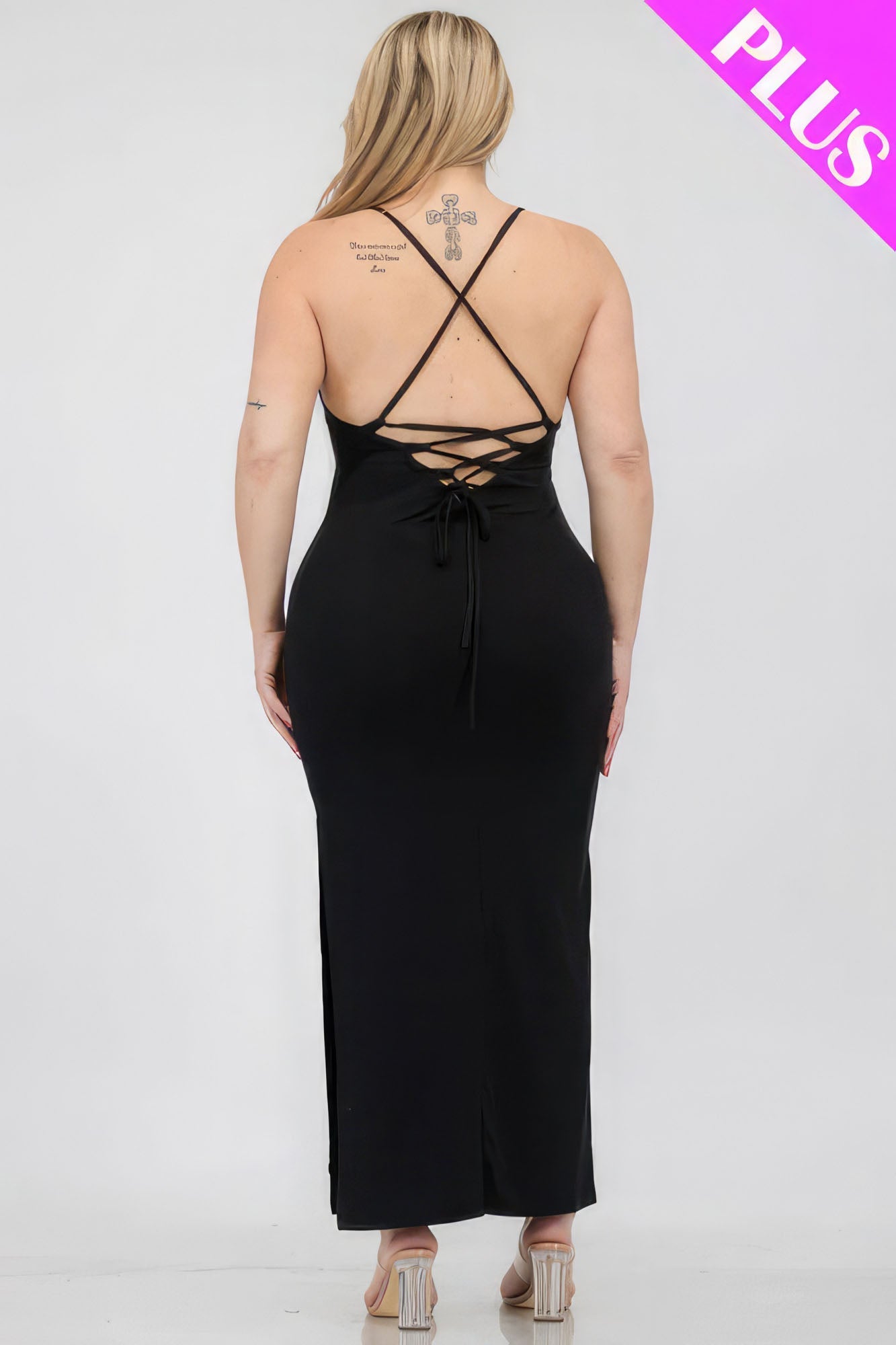 Plus Size Crisscross Back Split Thigh Maxi Dress by Fleurcouture | Fleurcouture