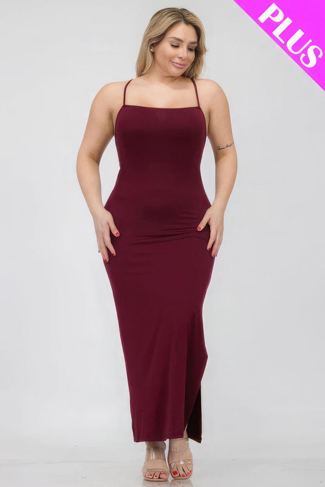 Plus Size Crisscross Back Split Thigh Maxi Dress Plus Size/Plus Size Dresses/Plus Size Mini Dresses by Fleurcouture | Fleurcouture