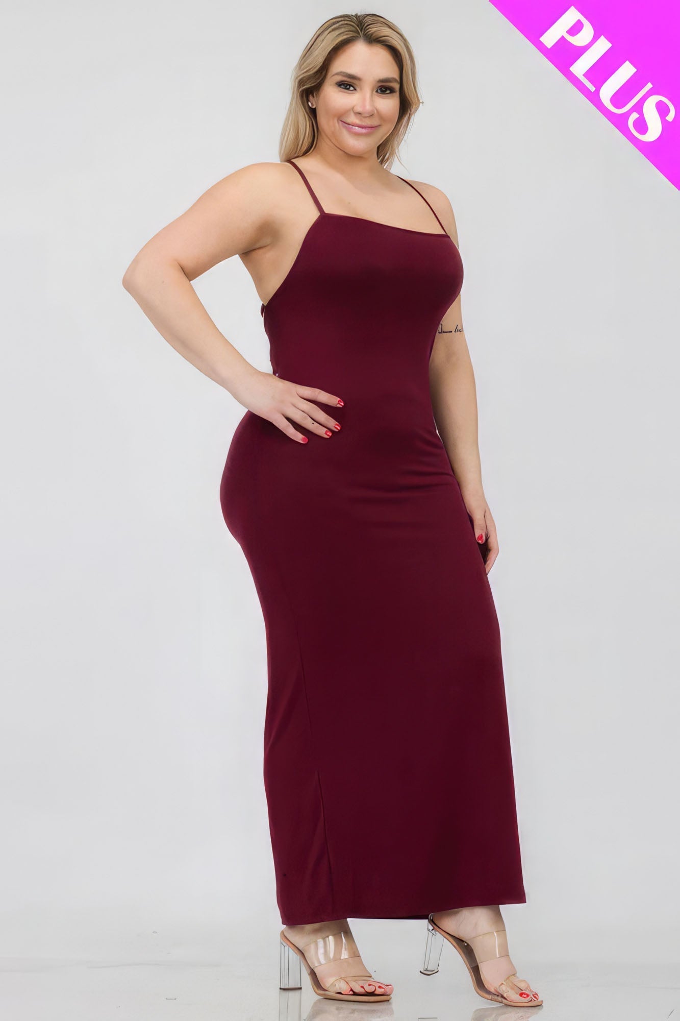 Plus Size Crisscross Back Split Thigh Maxi Dress Plus Size/Plus Size Dresses/Plus Size Mini Dresses by Fleurcouture | Fleurcouture