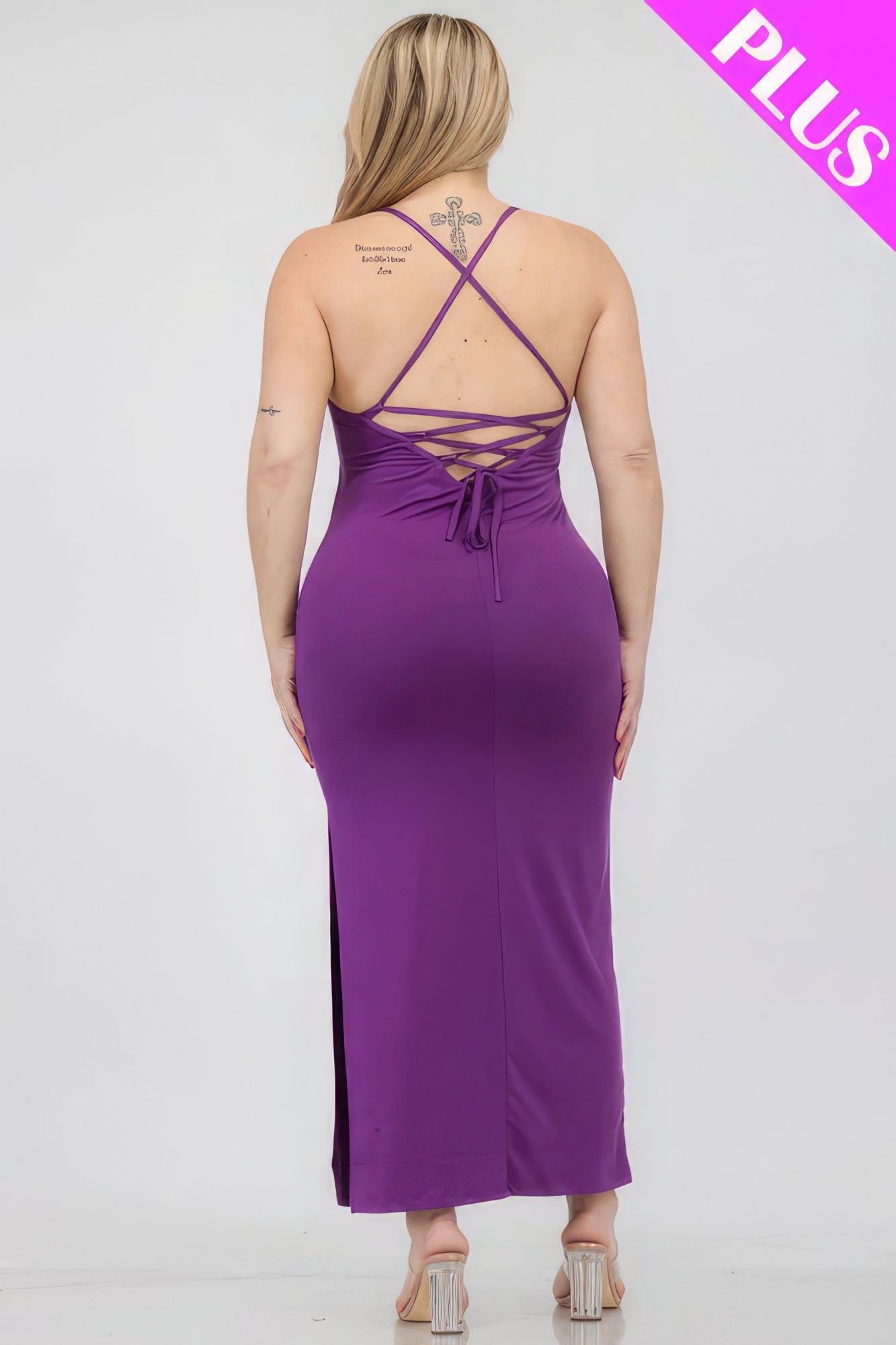 Plus Size Crisscross Back Split Thigh Maxi Dress Plus Size/Plus Size Dresses/Plus Size Mini Dresses by Fleurcouture | Fleurcouture