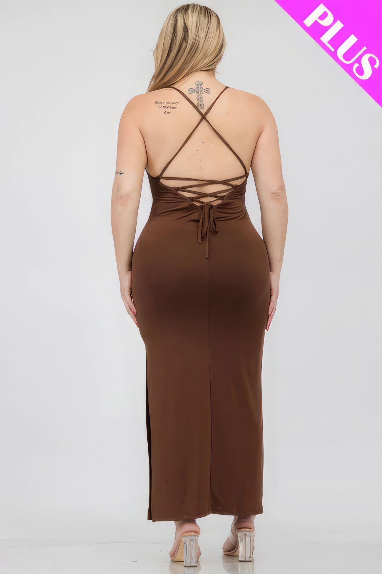 Plus Size Crisscross Back Split Thigh Maxi Dress Plus Size/Plus Size Dresses/Plus Size Mini Dresses by Fleurcouture | Fleurcouture