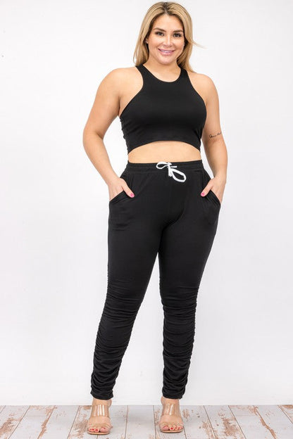 Plus Size Crop Tank Top &amp; Ruched Pants Set Black 1XL by Capella | Fleurcouture