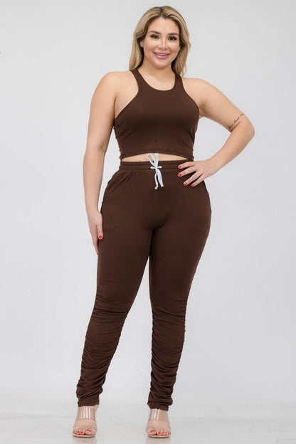 Plus Size Crop Tank Top &amp; Ruched Pants Set Coffee 1XL by Capella | Fleurcouture