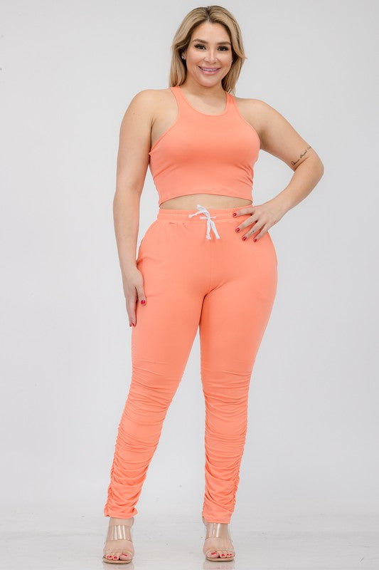 Plus Size Crop Tank Top &amp; Ruched Pants Set Flamingo 1XL by Capella | Fleurcouture