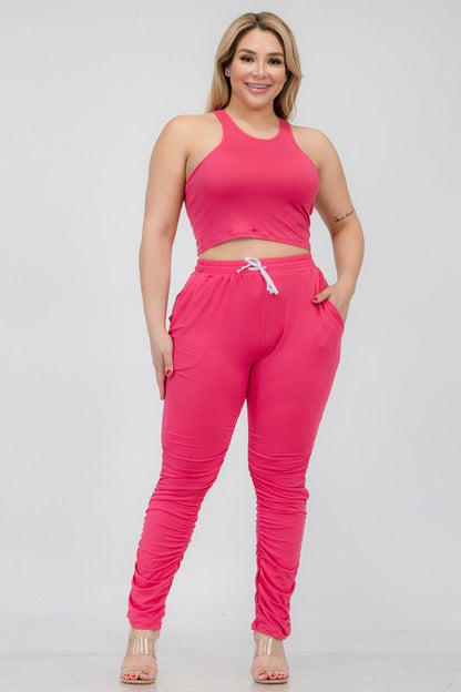 Plus Size Crop Tank Top &amp; Ruched Pants Set Fuchsia 1XL by Capella | Fleurcouture