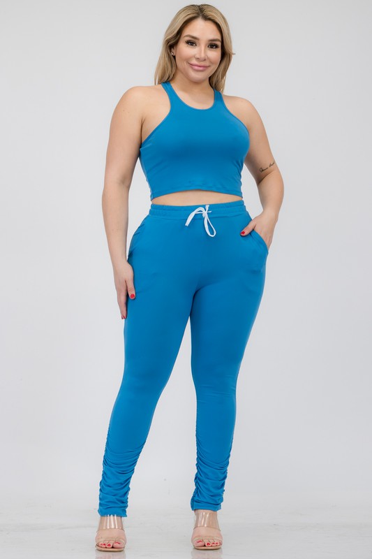 Plus Size Crop Tank Top &amp; Ruched Pants Set IBIZA BLUE 1XL by Capella | Fleurcouture