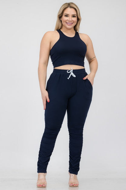 Plus Size Crop Tank Top &amp; Ruched Pants Set Navy 1XL by Capella | Fleurcouture