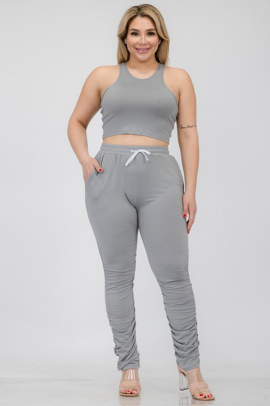 Plus Size Crop Tank Top &amp; Ruched Pants Set ULTIMATE GRAY 1XL by Capella | Fleurcouture