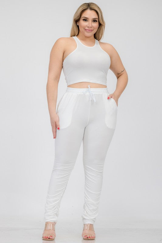 Plus Size Crop Tank Top &amp; Ruched Pants Set White 1XL by Capella | Fleurcouture