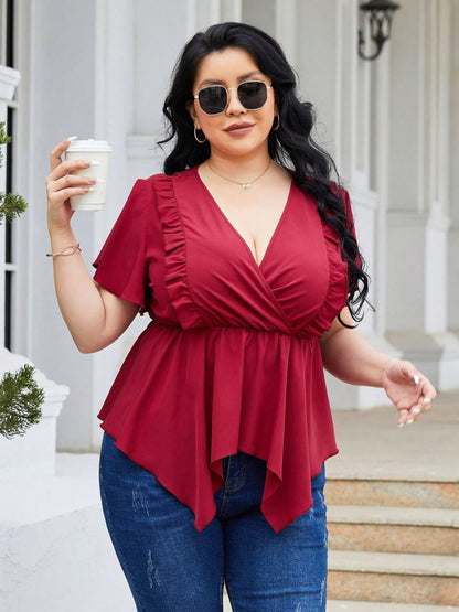 Plus Size Frill Surplice Flutter Sleeve Blouse Deep Red 1XL by Trendsi | Fleurcouture