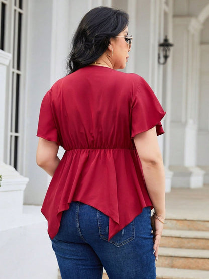 Plus Size Frill Surplice Flutter Sleeve Blouse Deep Red by Trendsi | Fleurcouture