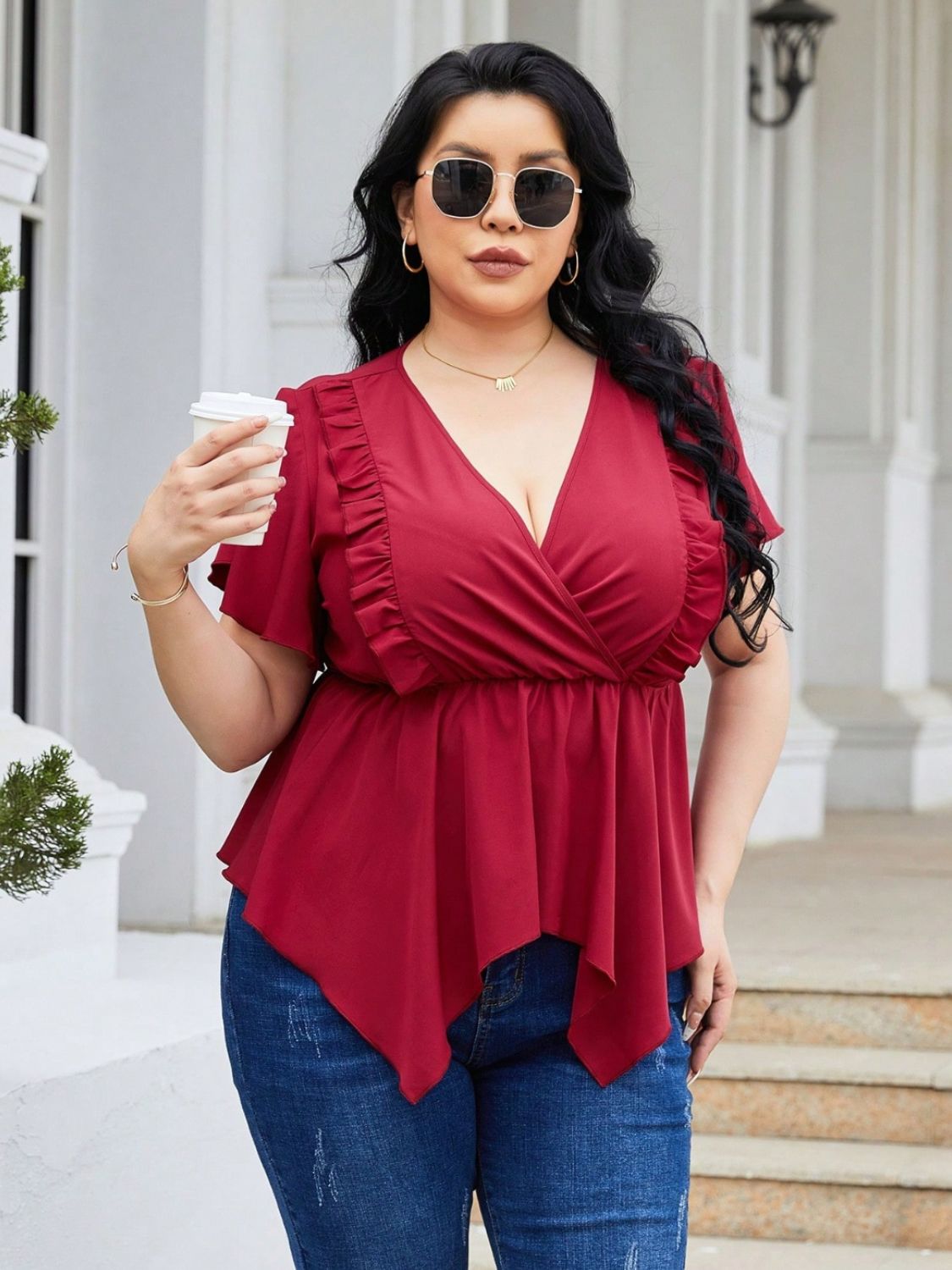 Plus Size Frill Surplice Flutter Sleeve Blouse Deep Red by Trendsi | Fleurcouture