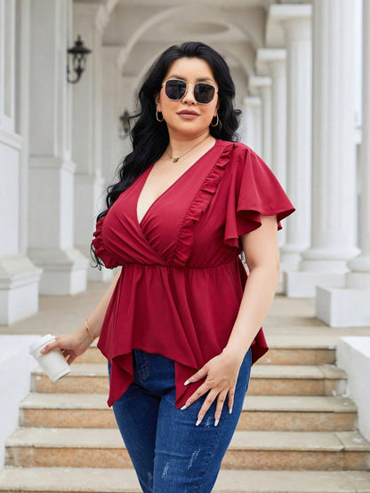 Plus Size Frill Surplice Flutter Sleeve Blouse Deep Red by Trendsi | Fleurcouture