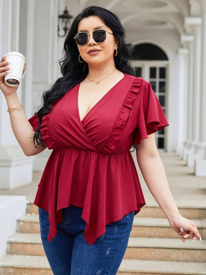 Plus Size Frill Surplice Flutter Sleeve Blouse Deep Red by Trendsi | Fleurcouture