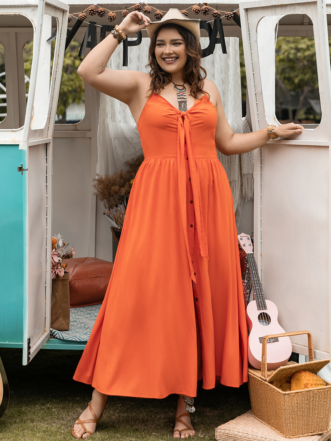 Plus Size Halter Neck Midi Dress Orange Plus Size by Trendsi | Fleurcouture