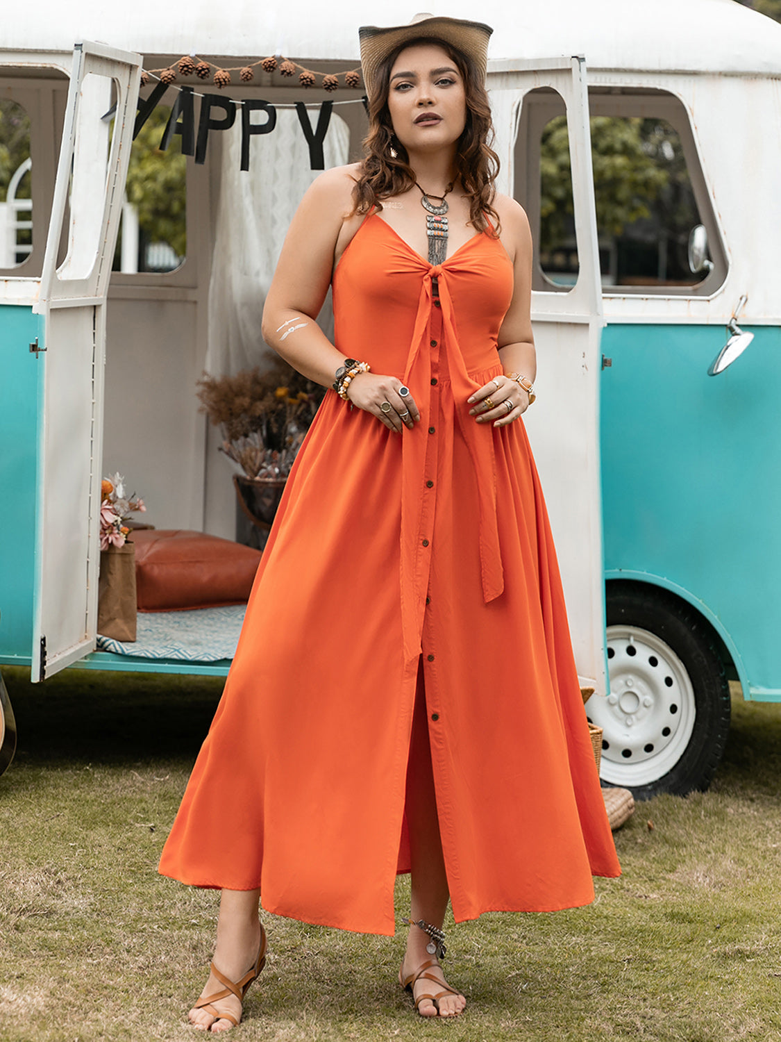 Plus Size Halter Neck Midi Dress Orange Plus Size by Trendsi | Fleurcouture