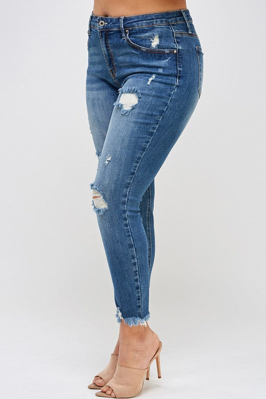 PLUS SIZE HIGH RISE DISTRESSED ANKLE SKINNY DARK Plus Size/Plus Size Bottoms by Insane Gene | Fleurcouture