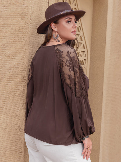 Plus Size Lace Detail Tie Neck Long Sleeve Blouse Brown by Trendsi | Fleurcouture