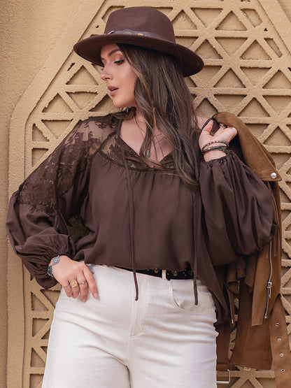 Plus Size Lace Detail Tie Neck Long Sleeve Blouse Brown by Trendsi | Fleurcouture