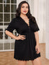 Plus Size Lace Trim Deep V Night Dress Black 0XL by Trendsi | Fleurcouture