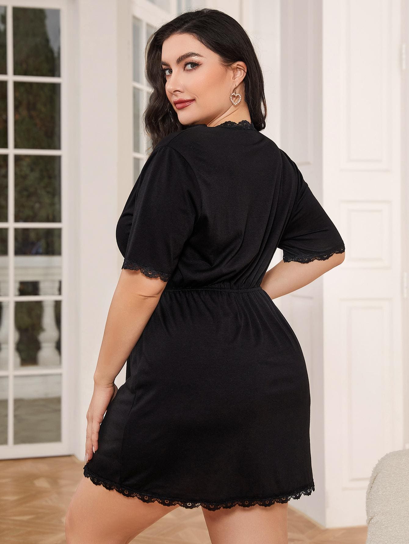 Plus Size Lace Trim Deep V Night Dress Black by Trendsi | Fleurcouture