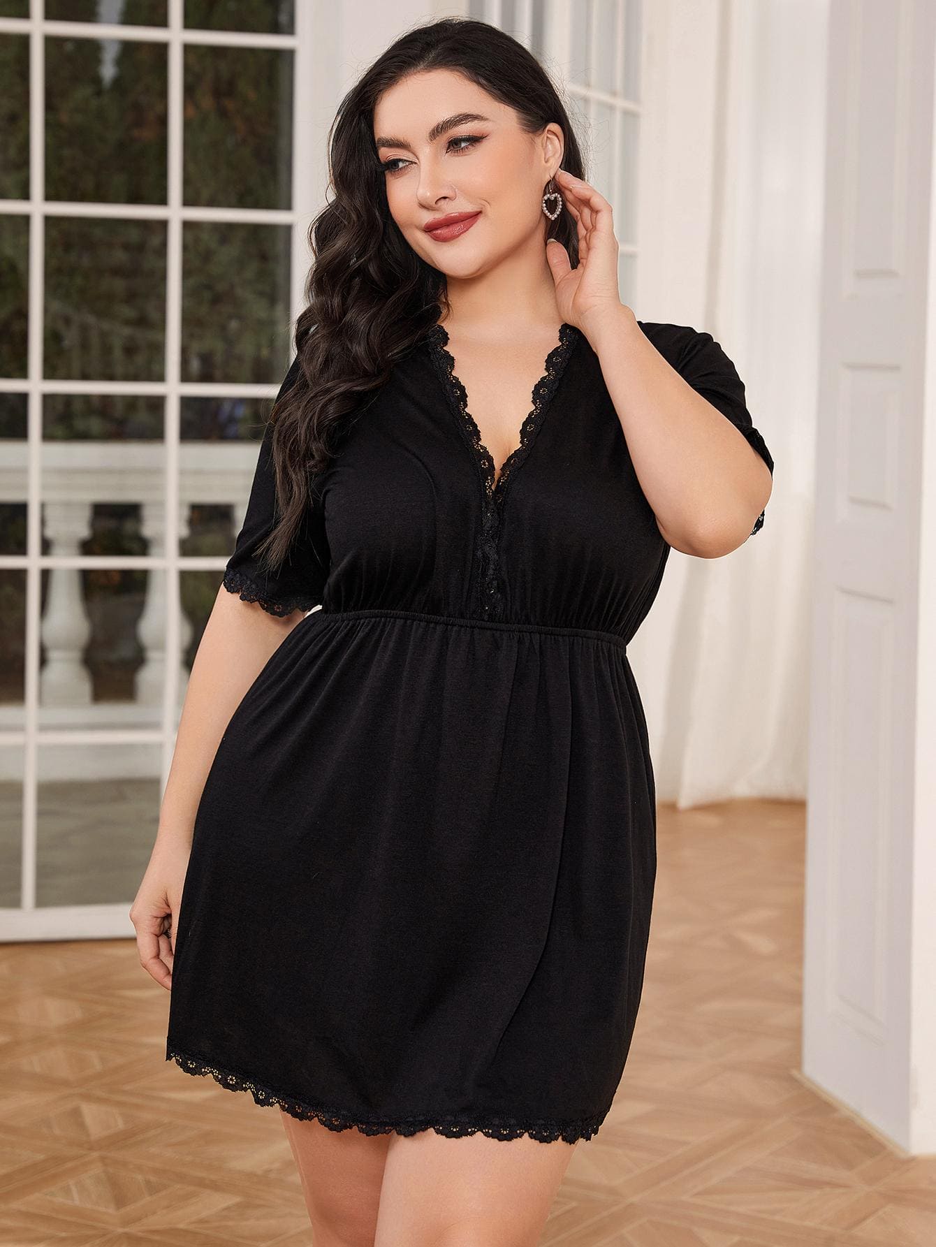 Plus Size Lace Trim Deep V Night Dress Black by Trendsi | Fleurcouture